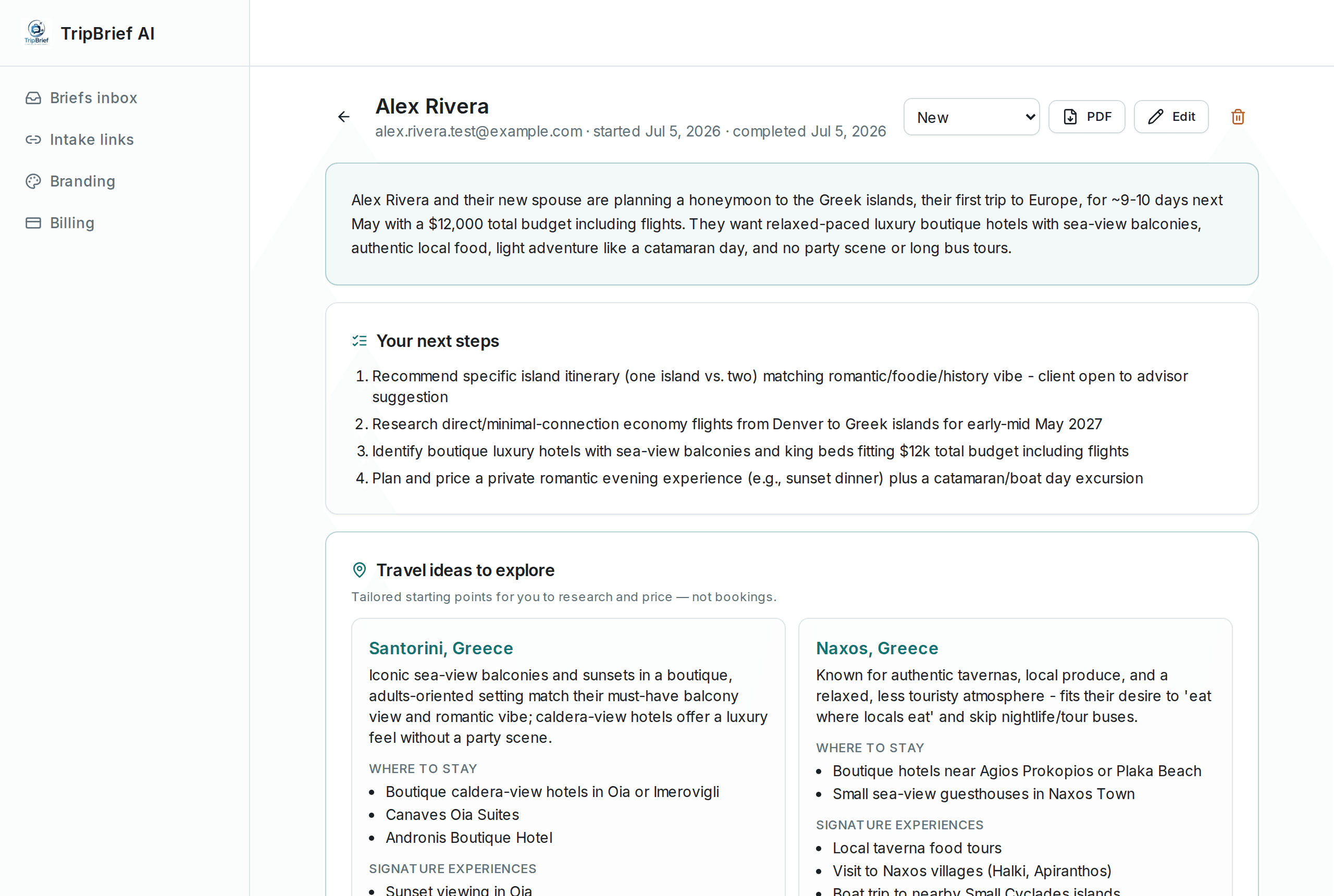 A TripBrief AI Advisor Brief: summary, next steps, and tailored travel ideas for a Greek islands honeymoon