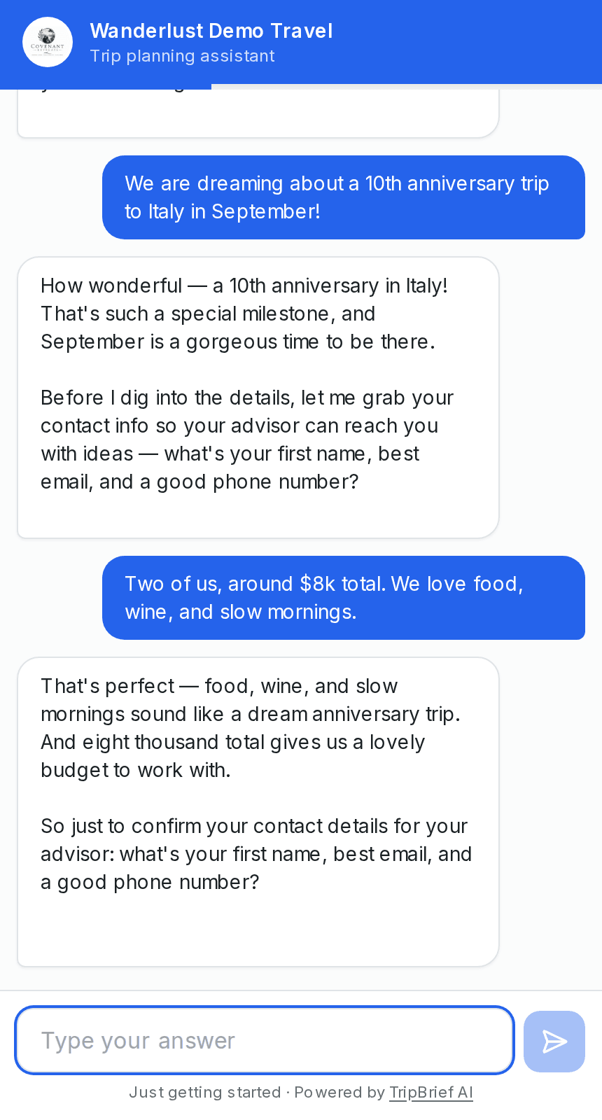 A TripBrief AI intake chat: a client describes their 10th-anniversary trip to Italy and the AI responds warmly